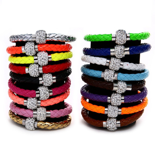 Women bracelet Mix Crystal Bracelet Leather Wrap Wristband Cuff Punk Magnetic Rhinestone Buckle Bracelet Bangle pulseras pu