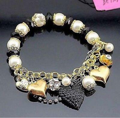 Betsey Johnson Black Heart Golden Bell Pearls Beads Stretch Bracelet !