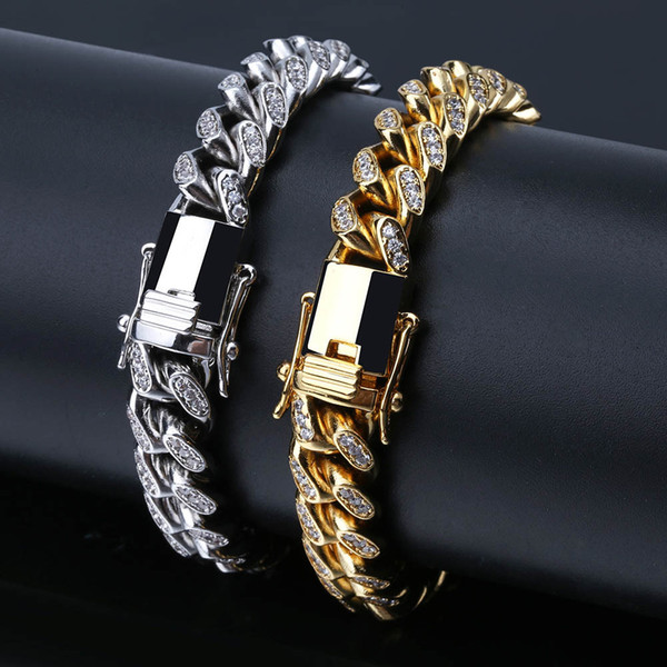 Hot style set zircon men's gold bracelet American style hipster hip hop Miami Cuban chain