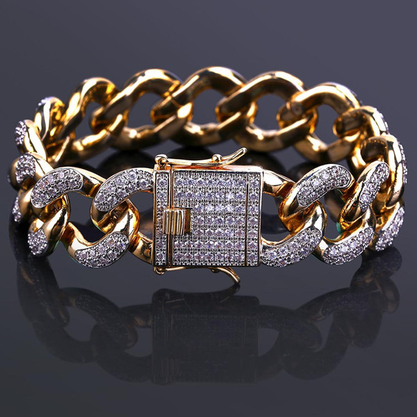 18k genuine gold electroplating micro-inset zircon studded with diamond jewelry in Miami Cuba chain 18mm men's gold bracelet.