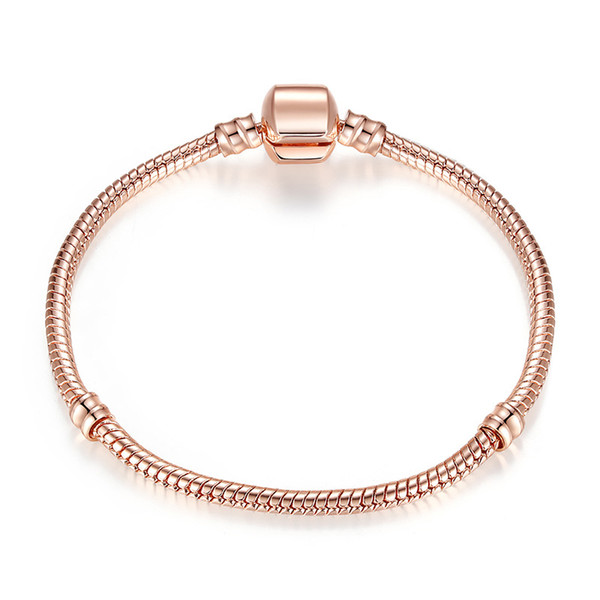 Authentic Silver Plated Snake Chain 18K Rose Gold 3mm Snake Chain Bracelet Fit Pandora Silver Charms European Beads Bracelet DIY Jewelry