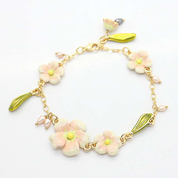 Les BSL Nereides enamel glaze bell orchid green leaf water drop bracelet flower adjustable handle bracelet