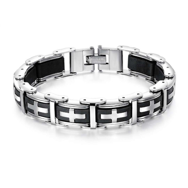 2018 Fashion Mens Bracelets Stainless Steel Cross Silicone Wristband Male Bangles Punk Chain Jewelry for Men Best Gifts