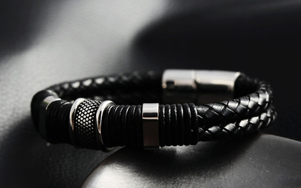 wholesale Stainless Steel Braided black Leather Bracelet for Men Cuff Bracelet Magnetic Clasp 7.5-8.5 inches