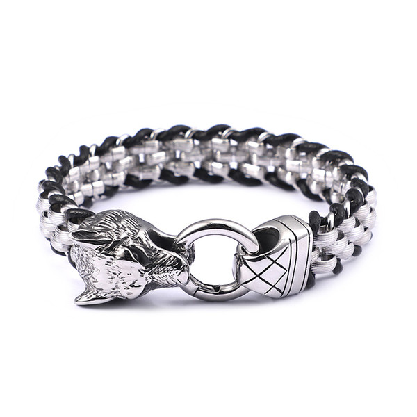 Wholesale 215*13mm Silver Wolf Bracelet For Men Male 316L Stainless Steel Hiphop Rock Bracelet Jewelry 2018