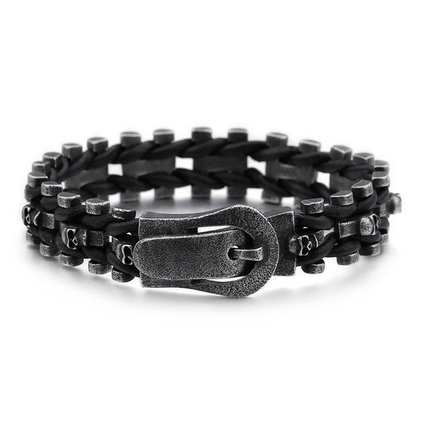 225*16mm Skull Chain Bracelet For Men Grey 316 Stainless Steel Punk Skeleton Leather Rope Bracelet For Male