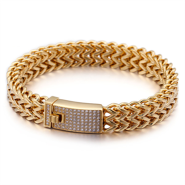 230*12mm 316 Stainless Steel Link Chain Bracelets For Men Rhinestone Charm Trendy Dubai Gold Mesh Chain Bracelet Male