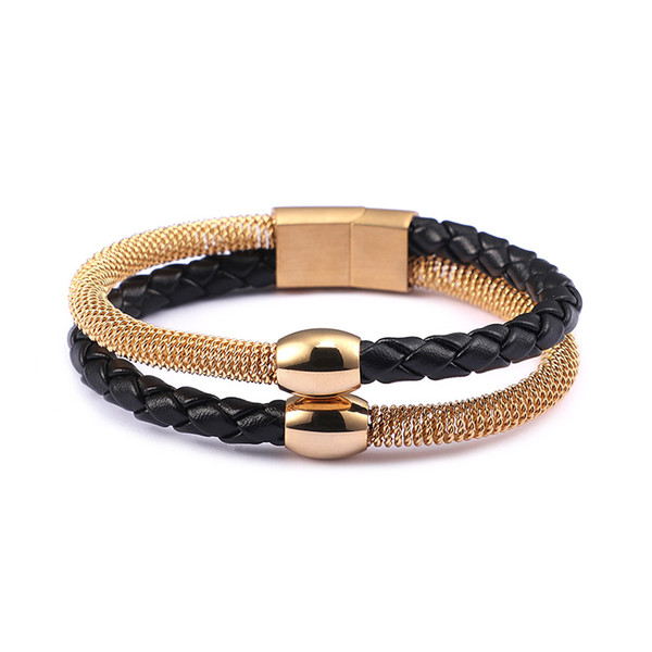 Wholesale 215*12mm Weave Leather + Hollow Stainless Steel Bracelet For Men Male Gold Silver Color Gift Bracelet