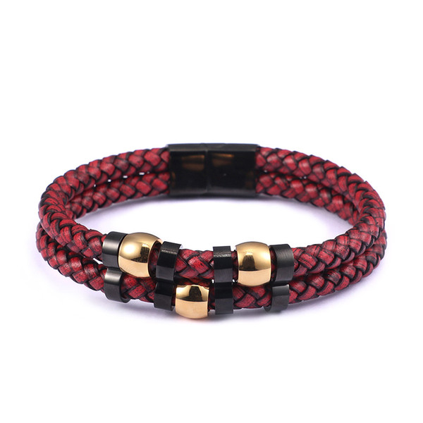 Wholesale 220*12mm Red Premium Leather Bracelet For Men Male Double Layer Weave Fashion Bangles For Mens