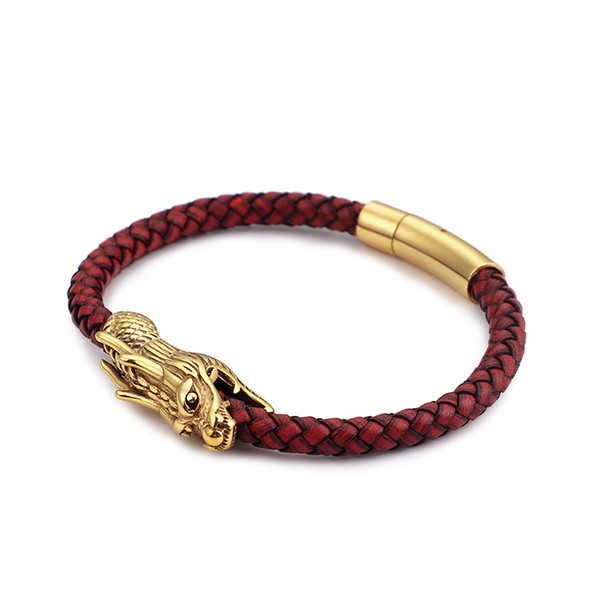 Wholesale 220*6mm Red Dragon Bracelet For Men Leather Weaving Rope Stainless Steel Fashion Bracelet For Male