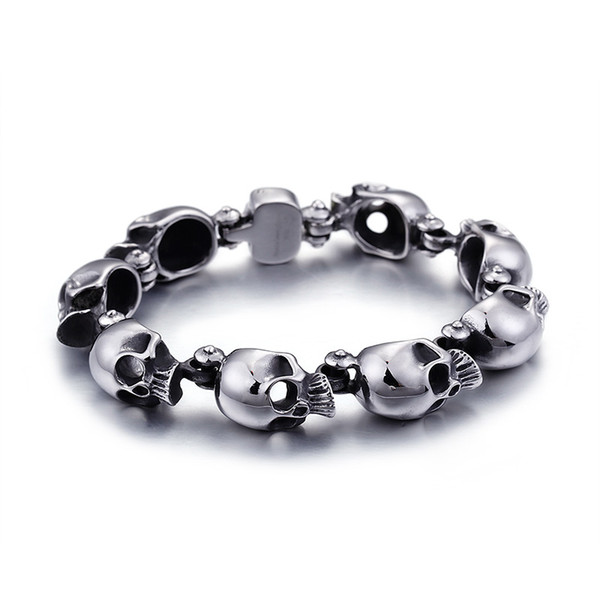 Wholesale 200*13mm Skull Bracelet For Men Male Silver Shiny 316L Stainless Steel Trendy Punk Party Jewelry