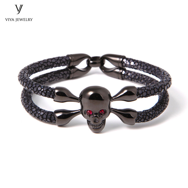 Luxury Men Black Stingray Skull Bracelet Fashion Stingray Leather Skull Bracelet With Red Eyes Customized Stingray Bracelet C19021601