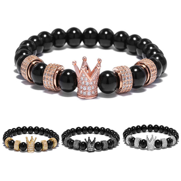 Fashion Crown Bracelet Mens Womens Onyx Stone Beads Bracelet Luxury Rose Gold Beaded Rhinestones Jewelry Boy Girl Gift