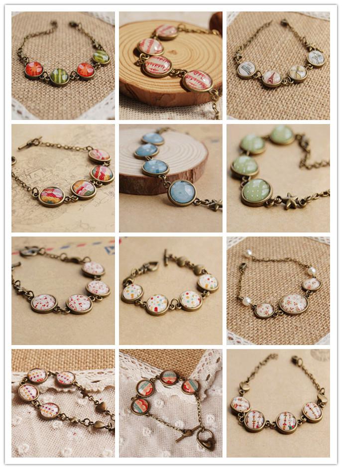 New 2014 Bohemian Charm Bracelet Vintage Glass Gem Chain Bracelet Handmade Bronze Bracelet Mixed Design 001