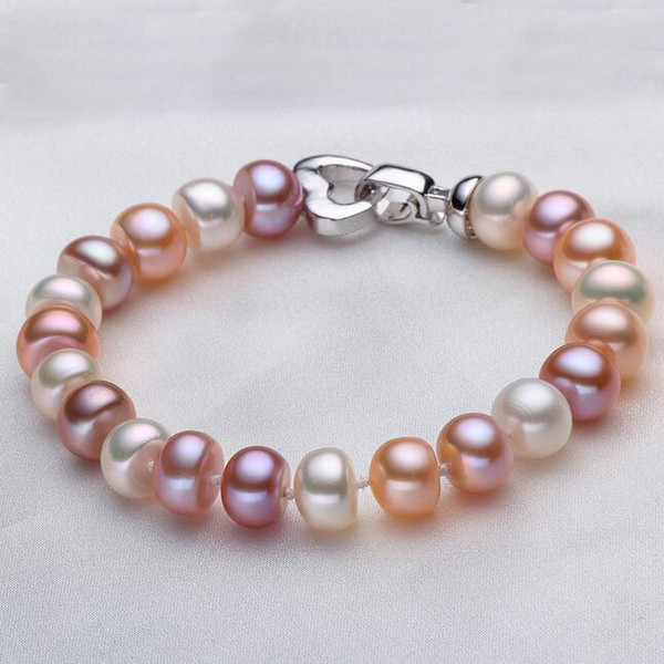 New Fashion 8-9-10-11mm white Multi 100% natural pearl bracelets 18cm pearl 925 sterling silver jewelry Best Gift