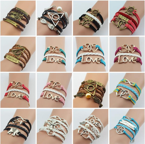 Fashion Womens Leather Multilayer Cute Infinity Love Heart Wings Charms Bracelet