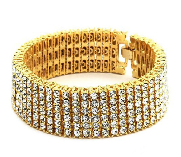 Fashion Design Wide Bracelets Men 6 Rows Diamond Cubic Zirconia Luxury Gold Silver Black Chain Bracelet Fashion Jewelry Party Gift