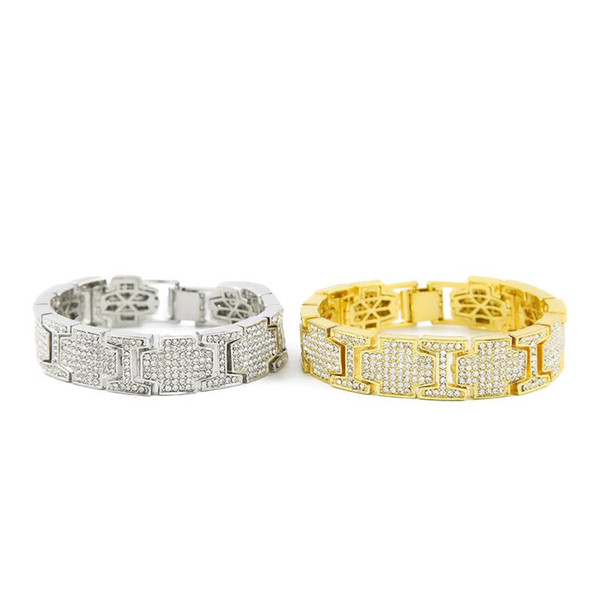 Fashion Design Chain Bracelets Men Luxury Full Diamond Gold Silver Bracelet Quality Stainless Steel Rhinestone Bracelets Jewelry Lover Gift