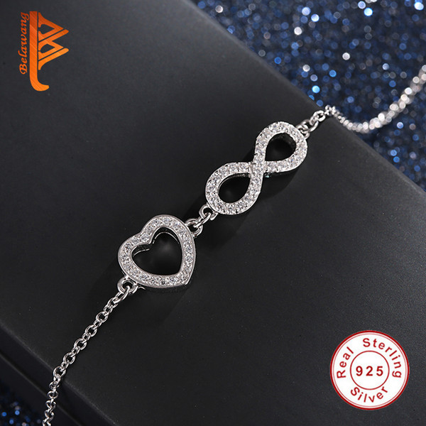 BELAWANG Authentic Cubic Zirconia Infinity&Heart Shape Bracelet 925 Sterling Silver Two Pendants Crystal Charm Bracelet For Women