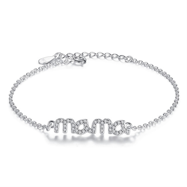 BELAWANG Trendy Cubic Zirconia Mama Letter Shaped Bracelets With Link Chain For Mom 925 Sterling Silver Female Love Jewelry Mother's Day