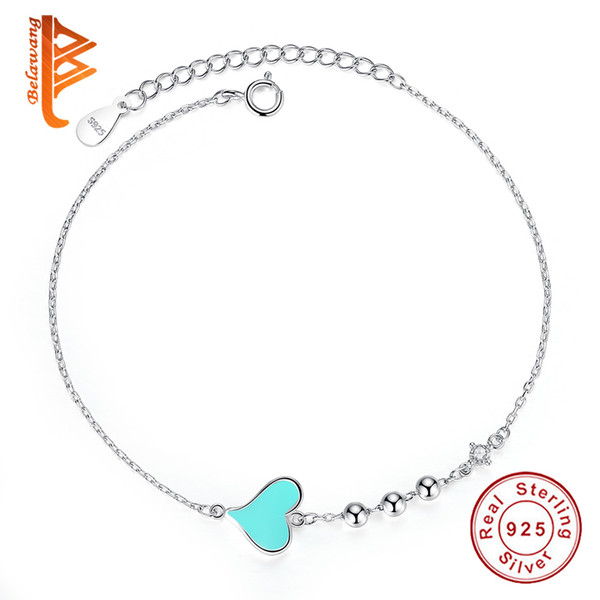 BELAWANG Blue Enamel Heart Tag Charm Bracelets 925 Sterling Silver CZ Bracelets with 3 Silver Beads for Lover Valentine's Day Jewelry Gift