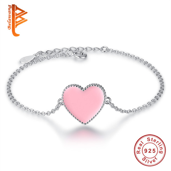 BELAWANG Fashion Enamel Bracelet Jewelry 925 Sterling Silver Heart Charm Bracelets with Pink Enamel for Women Party Valentine's Day Gift