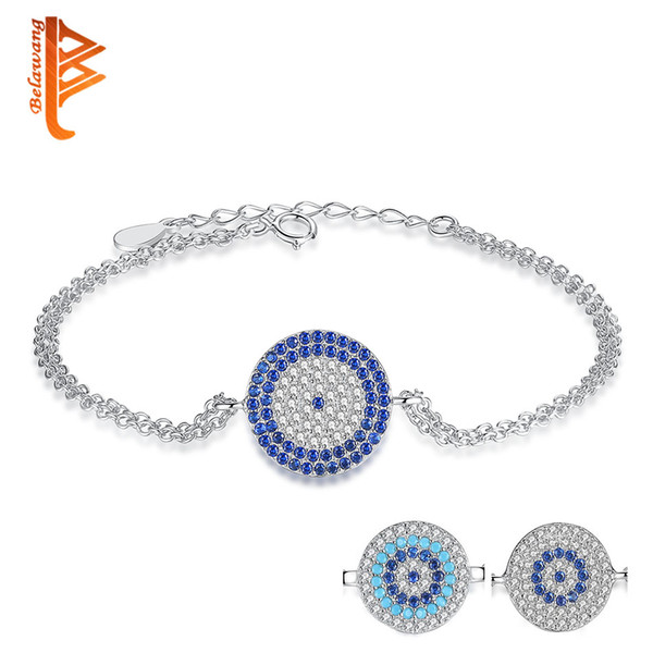 BELAWANG 3 Styles Blue Crystal Bracelets 925 Sterling Silver Evil Eye Bracelets with Double Link Chains for Women Christmas Day Jewelry Gift