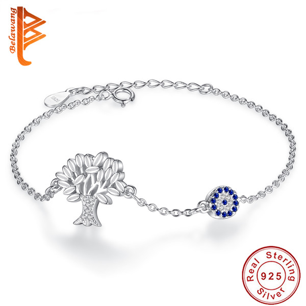 BELAWANG Authentic 100% 925 Sterling Silver Bracelets Bangles Women Crystal Tree of Life & Evil Eye Round Charm Bracelet Zirconia Jewelry