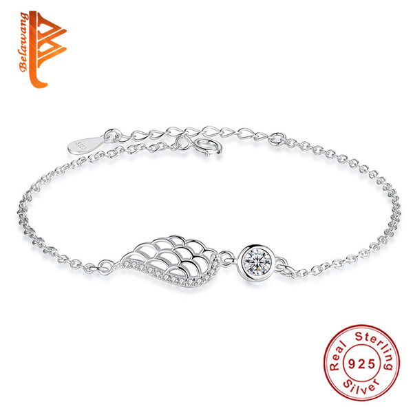 BELAWANG 100% 925 Sterling Silver Bracelets Women Fashion Angel Wings Feather Bracelets Bangles Crystal Charm Jewelry for Wedding Party Gift