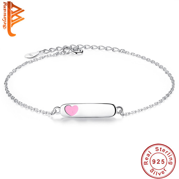 BELAWANG Engrave Letters or Name for Free Enamel Pink Heart Personal DIY Bracelet 925 Sterling Silver Children Bracelets for Girls 11-15cm