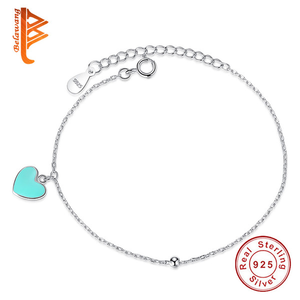 BELAWANG 925 Sterling Silver Blue Enamel Heart Tag Charm Bracelets with Silver Beads Link Chain Jewelry for Women Lover Valentine's Day Gift