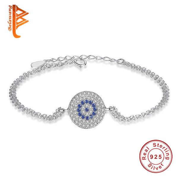 BELAWANG 925 Sterling Silver Lucky Round Blue Eyes Bracelet Pave CZ Double Layer Link Chain Bracelets&Bangles for Women Christmas Jewelry