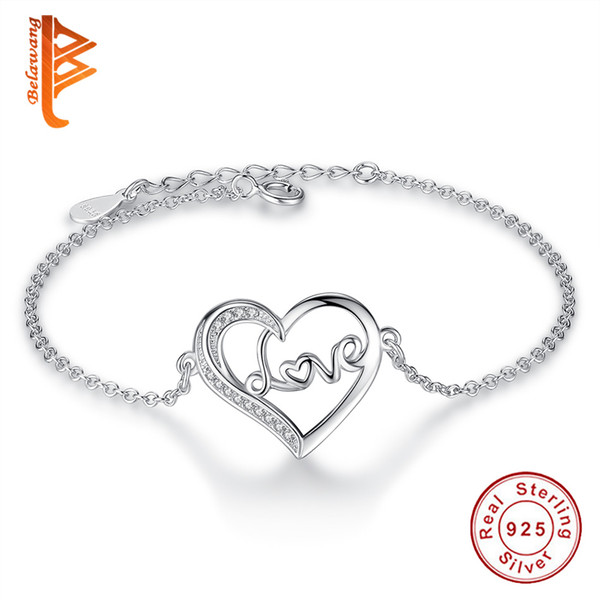 BELAWANG 925 Sterling Silver Cubic Zircon Bracelets&Bangles Love Heart Bracelets Silver Women Jewelry for Valentine's Day Gift Free Shipping