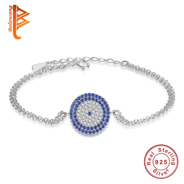 BELAWANG Wholesale 925 Sterling Silver Double Link Chains Bracelets Turkey Evil Eye Bracelet with Blue Crystal for Women Christmas Day Gift