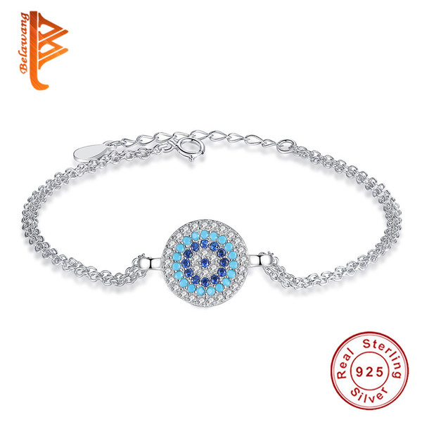 BELAWANG 925 Sterling Silver Evil Eye Bracelets Blue Crystal Bracelets with Adjustable Link Chain for Women Christmas Day Gift Free Shipping