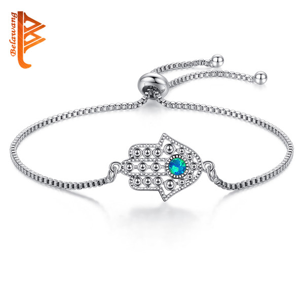 BELAWANG Blue Opal Crystal Evil Eye&Hamsa Alloy Bracelet Silver Charm Bracelet Hand of Fatima Adjustable Bracelet for Women Fashion Jewelry