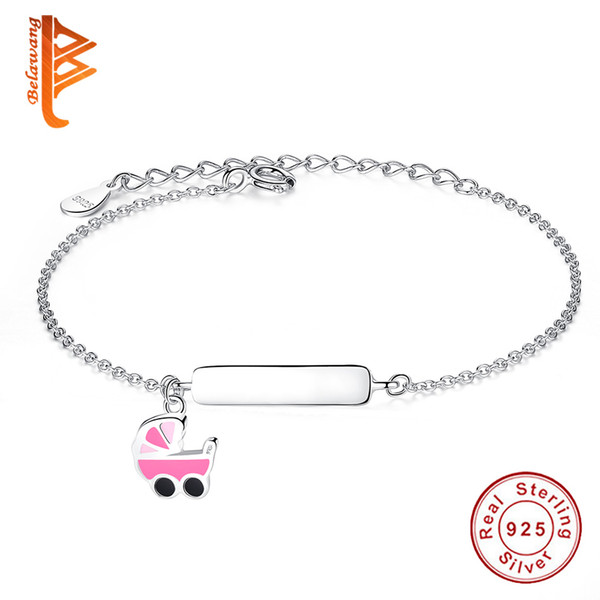 BELAWANG 925 Sterling Silver Pink Enamel Cartoon Baby Stroller Children Bracelets Personal DIY Engrave Letters or Name for Free 11-15cm