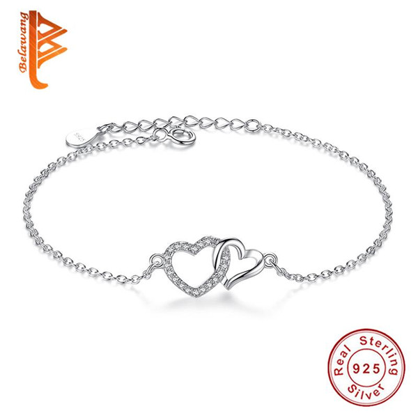 BELAWANG Hot Sale 925 Sterling Silver Link Chain Bracelet Heart Crystal Charm Bracelets for Valentine's Day Jewelry Gift Free Shipping