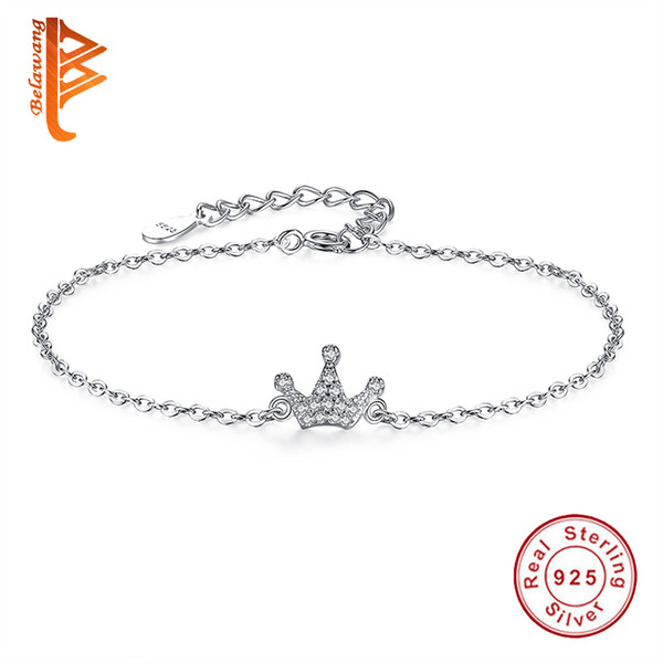 BELAWANG Authentic 925 Sterling Silver Retro Zirconia Crystal Crown Charms Bracelets with Link Chain for Women Girls Wedding Jewelry