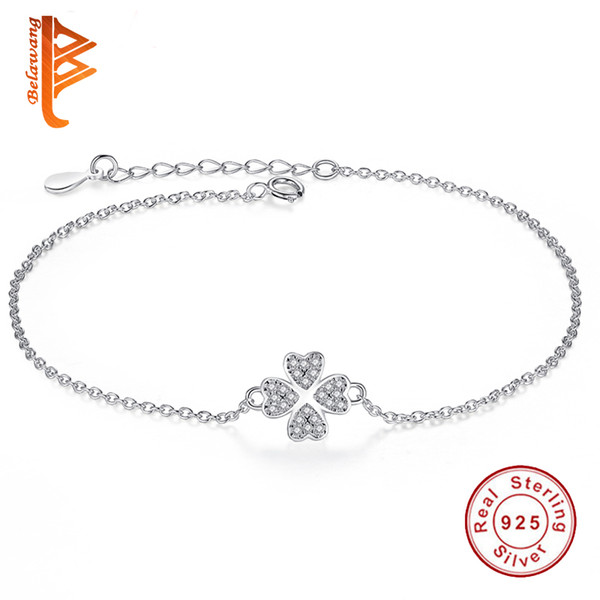 BELAWANG Fashion 925 Sterling Silver Sliver&Rose Gold Jewelry Crystal Four Leaf Clover Heart Charm Bracelet Adjustable Link For Women Gift