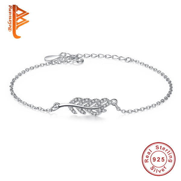 BELAWANG 925 Sterling Silver Items Jewelry Leaf Shaped Charm Bracelets Bangle with Clear Cubic Zirconia Wedding Vintage New Arrival Bracelet