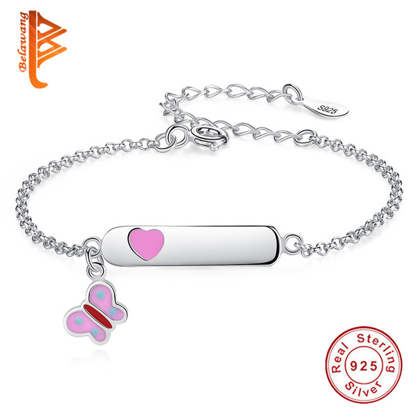 BELAWANG 925 Sterling Silver Lovely Butterfly Pendant Charm Bracelet with Pink Enamel Heart Customized Bracelet Children Jewelry