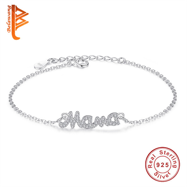 BELAWANG 925 Sterling Silver Love Women Bracelets with Cubic Zircon Mama Letter Shaped Bracelets for Mother's Day Jewelry Gift Free Shipping