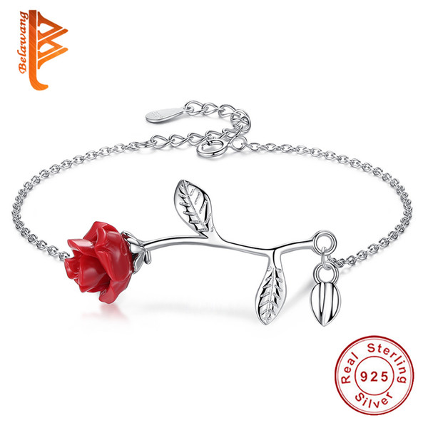 BELAWANG New Fashion 925 Sterling Silver Red Rose Flower Chain Link Bracelet for Women Lady Mother's Day Special Jewelry Gift