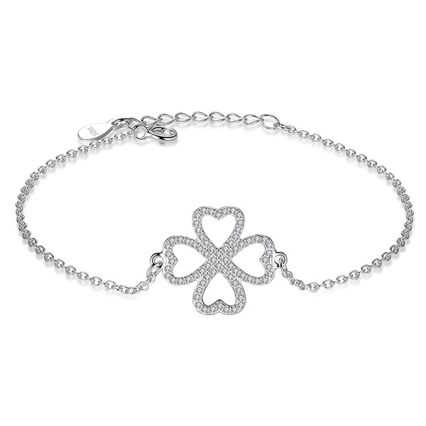 BELAWANG Genuine 925 Sterling Silver Friendship Jewelry Lucky Four Leaf Clover Sparkling Clear CZ Link Chain Bracelet For Women