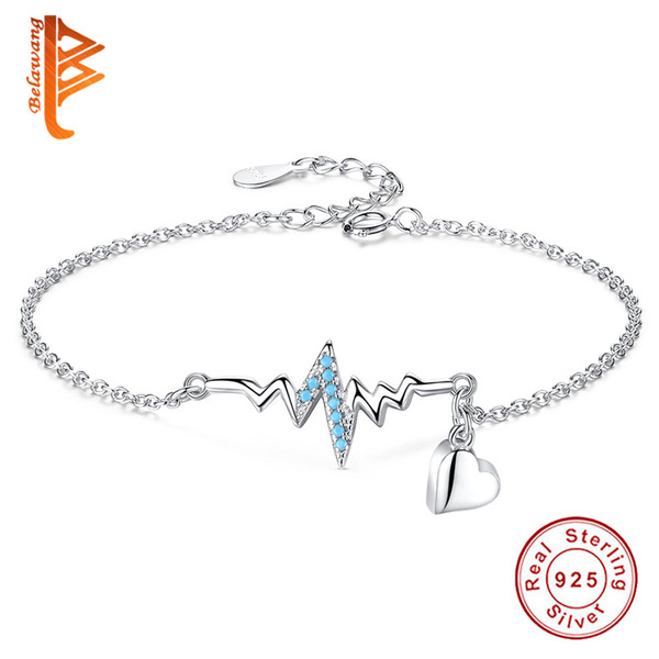 BELAWANG Real 925 Sterling Silver Line of Life & Sweet Heart Charms Bracelet for Women Lovers' Romantic Silver Jewelry Gift