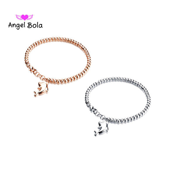 Titanium Steel Fine Round Beads Style Charm Bracelet Dolphin Pendant Rose Gold Color Lady Bracelet Birthday Gift