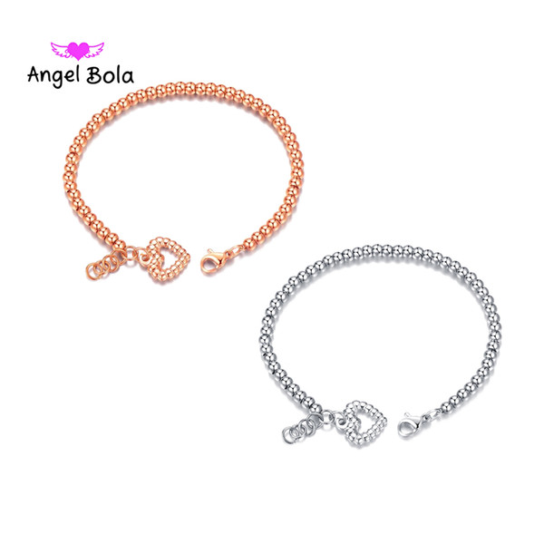 New Fashion Women Party Jewelry Lover Heart Pendant Rose Gold Color Stainless Steel Bracelet Bead Chain Woman Bracelets Bangles