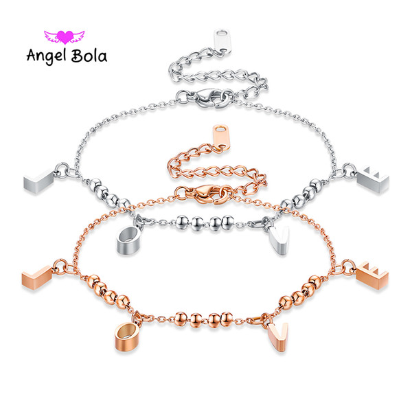 2018 Fashion Stainless Steel Love Letter Charm Crystal Chain Bracelet Rose Gold Color Woman Beach Party Gift