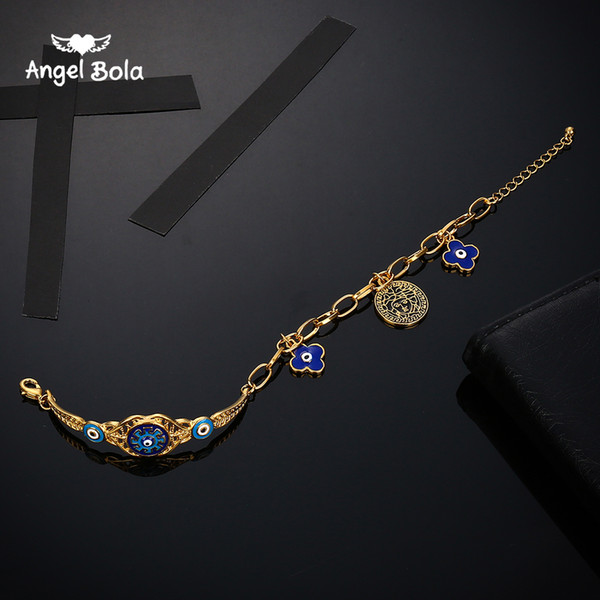 Turkish Blue Eye Bracelet Gold Color Plated Never Faded Blue Evil Eye Crystal Middle East Charm Bracelets for Women